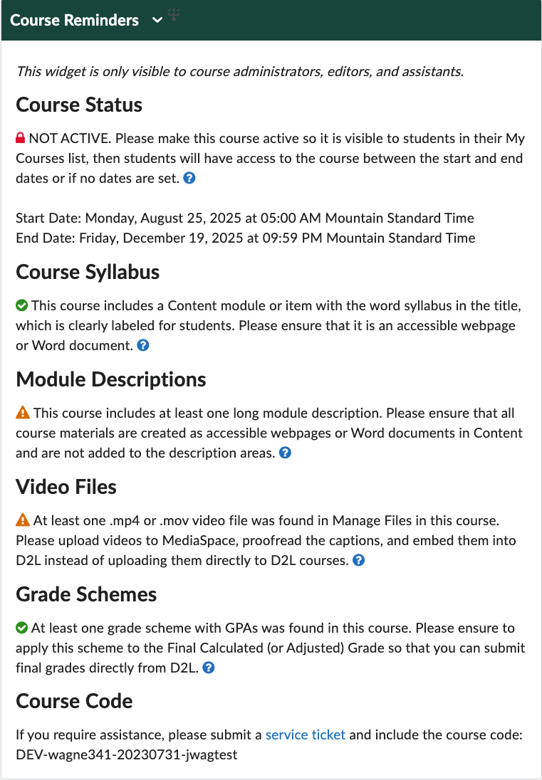 Course reminders widget for D2L homepage